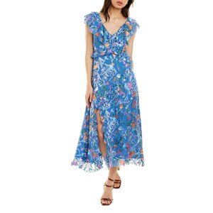 Tanya Taylor Arielle Midi Dress Womens 4 Blue Floral Print Ruffle V-Neck Silk